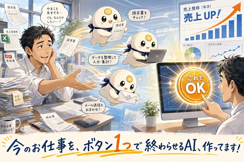 リーちゃん(LeachのAIキャラ)が事務仕事を代わりにやってくれて、社長は「これでOK」ボタンを押すだけ