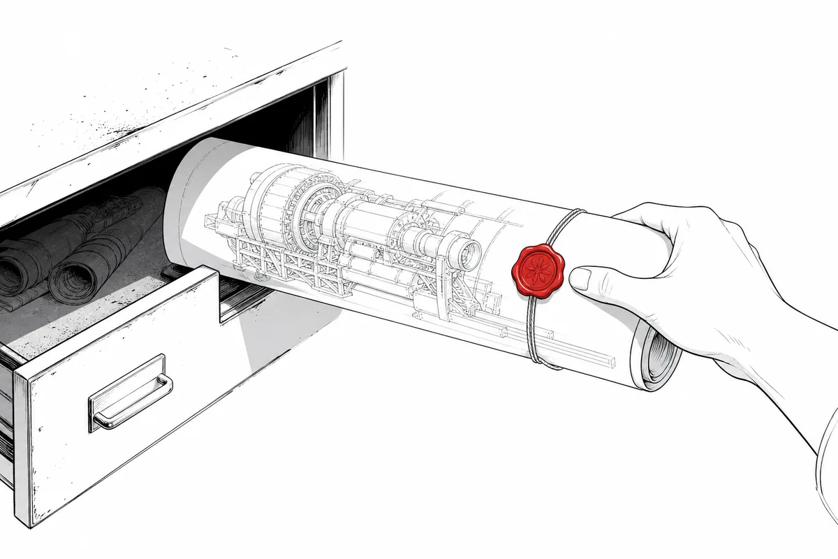 An illustration of an expensive blueprint once left in a drawer being brought into the light