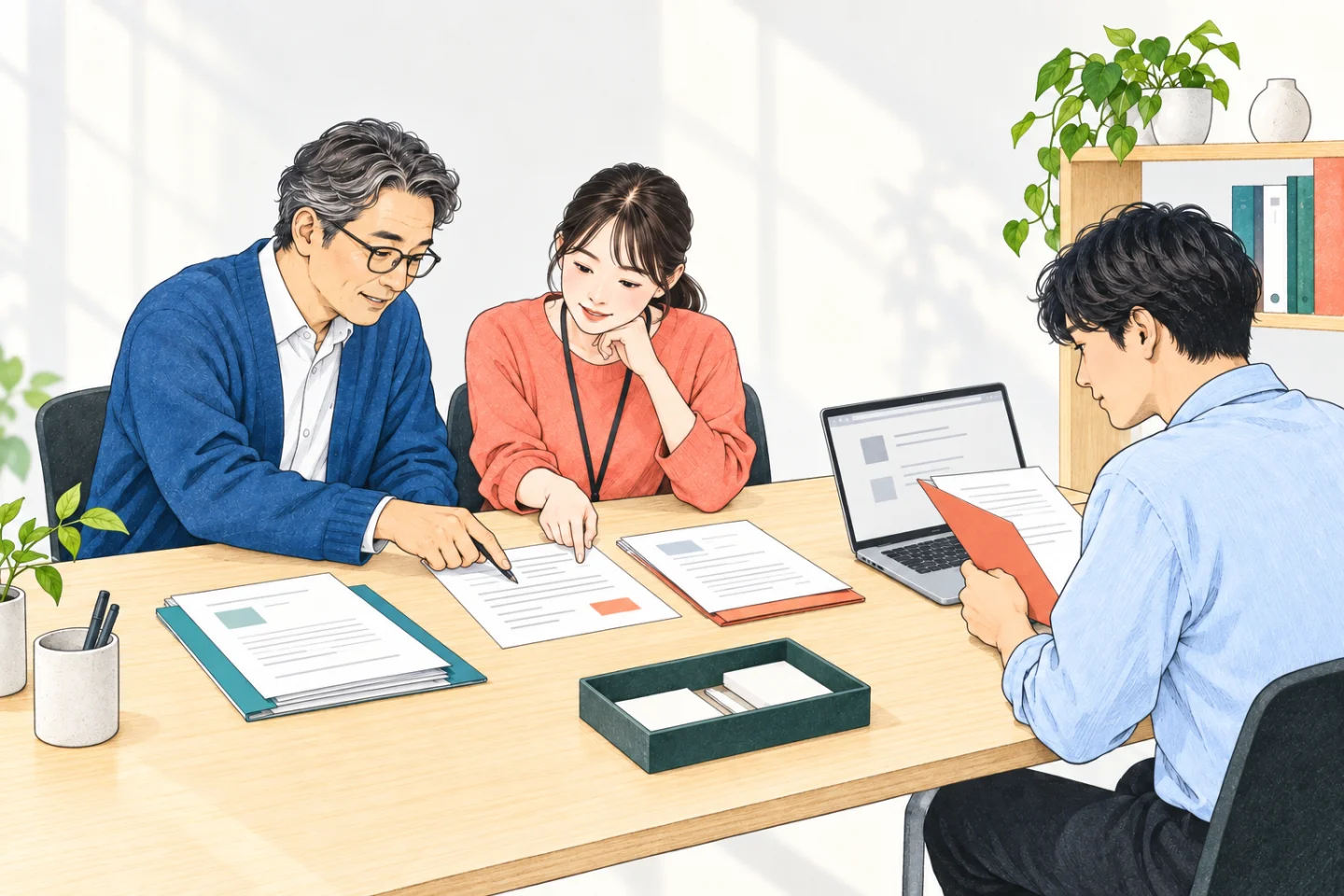 チームが紙の資料と共有情報を見ながら、業務の整理を進めるイラスト