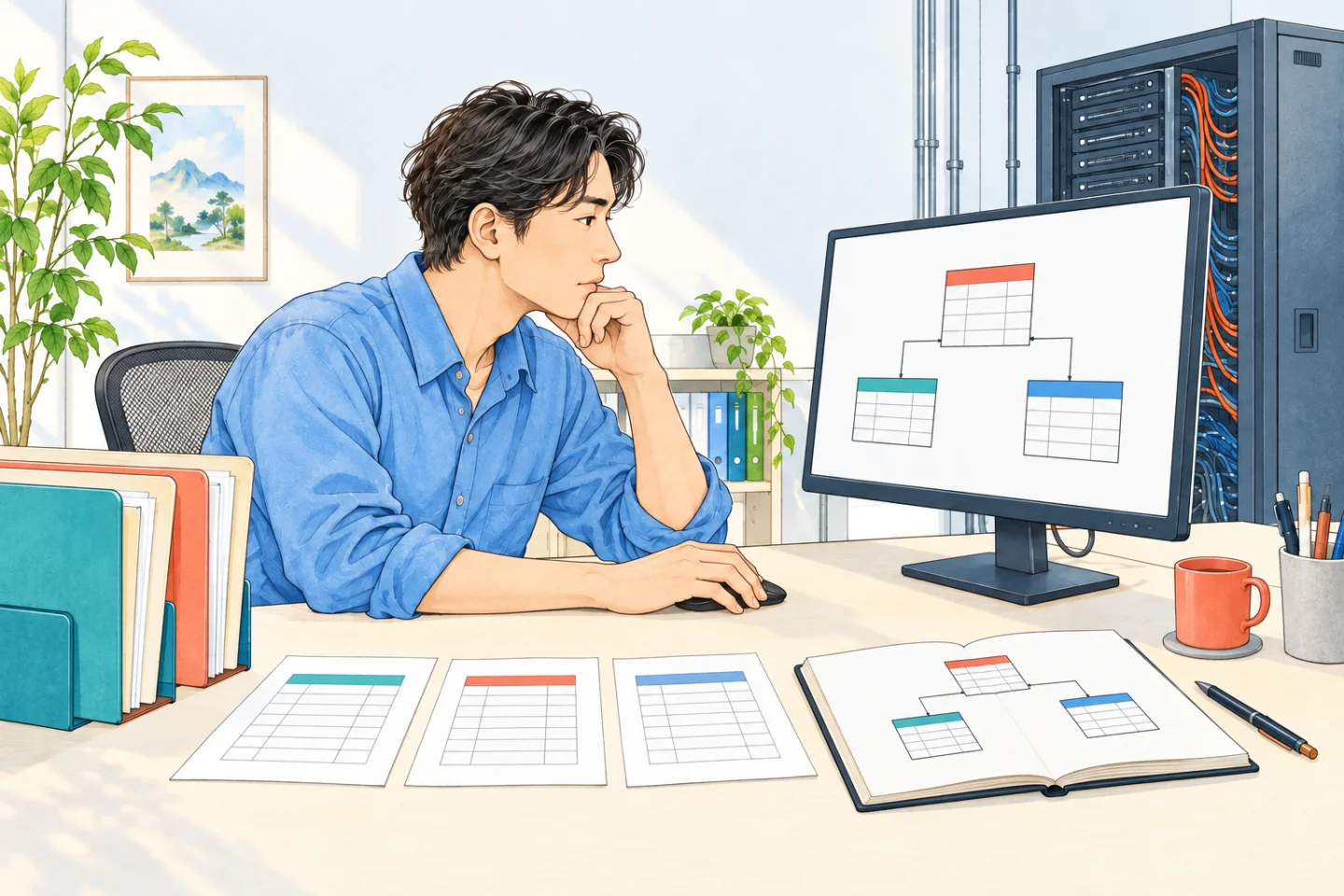 技術者が異なるデータのつながりを整理し、実行環境を設計するイラスト