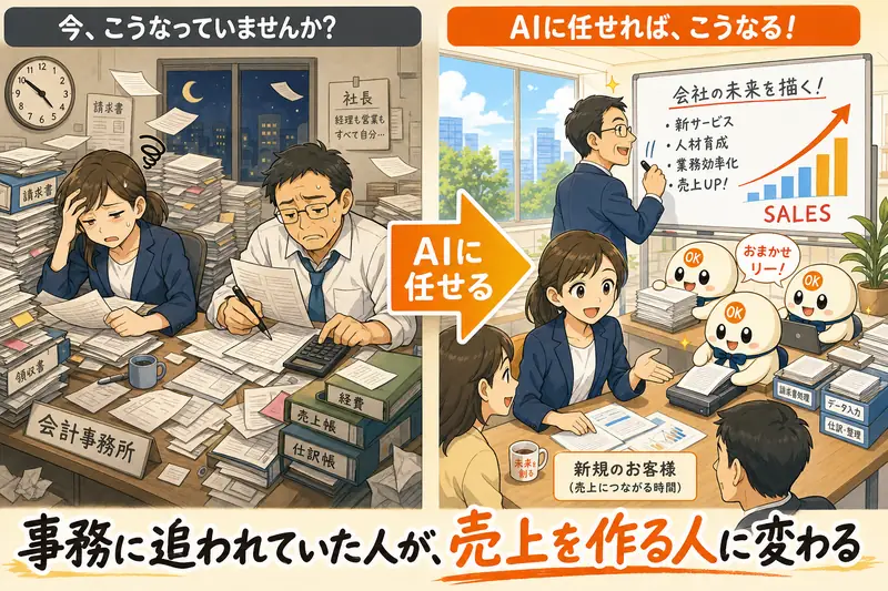 導入前: 経理担当も社長も書類仕事に追われて疲弊。導入後: AIに任せて、人は売上を作る活動に集中、会社の業績が伸びる。