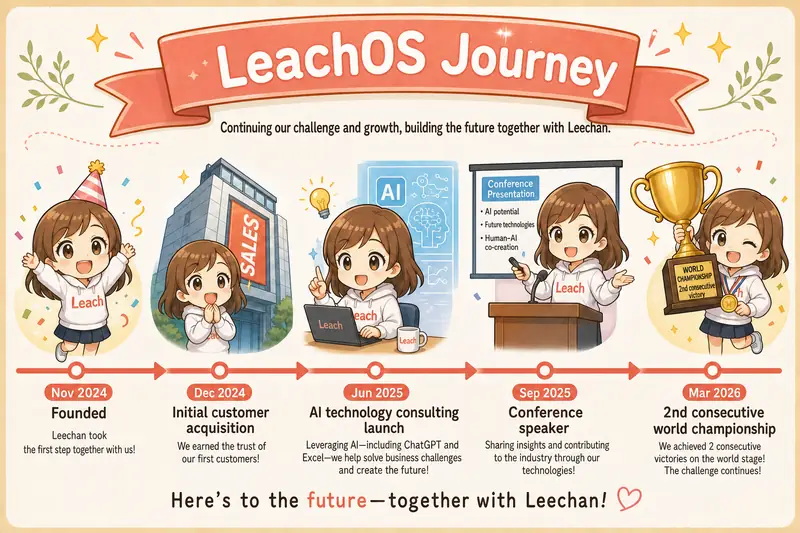 Leach's history: from founding in November 2024 to first listed-company contract, AI Advisor launch, academic lecturer, and back-to-back international hackathon awards