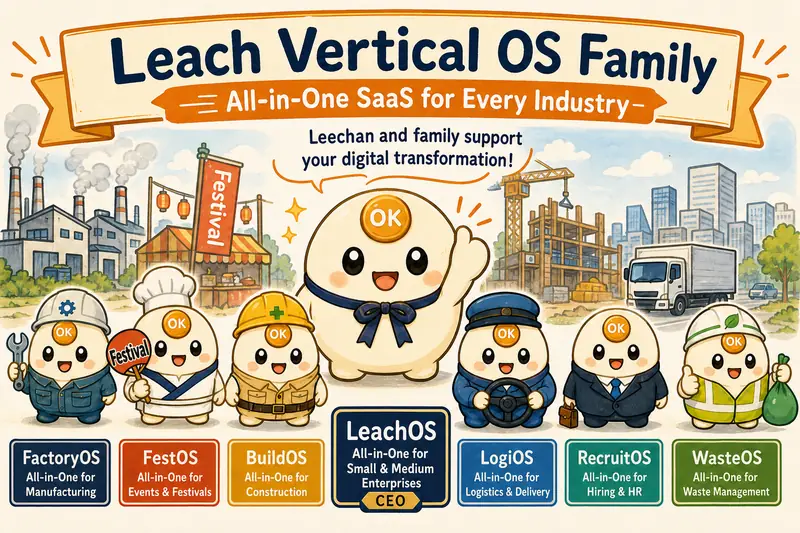 Leach Vertical OS Family: seven industry all-in-one SaaS — FactoryOS, FestOS, BuildOS, LogiOS, RecruitOS, WasteOS, and LeachOS