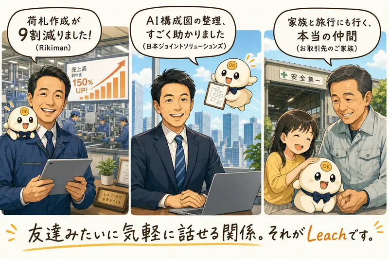 リキマン様、日本ジョイントソリューションズ様、お取引先のご家族と一緒の写真など、Leachのお客様の喜びの声